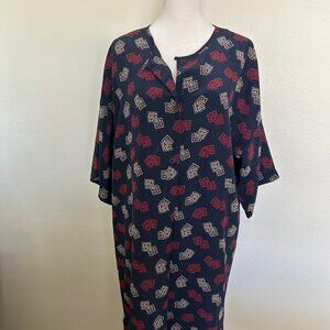 Vintage Natori II Caftan Lounge Dress Navy 3/4 Sleeve Split Hem Button Neck Mumu